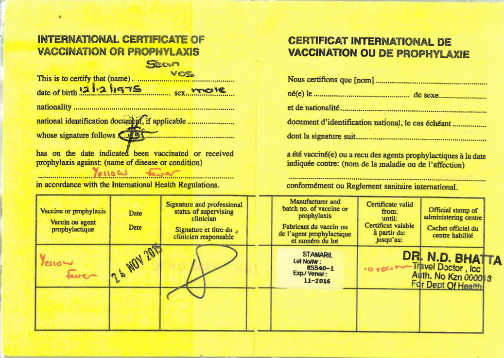 Certificate: Yellow Fever Certificate